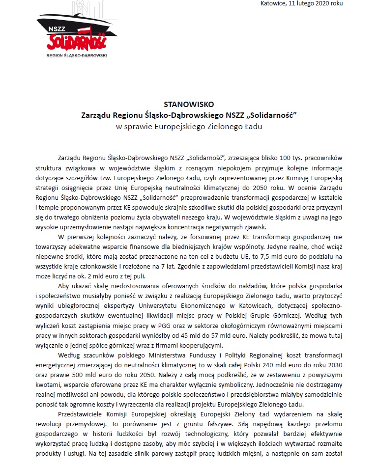 STANOWISKO Zarządu Regionu Śląsko-Dąbrowskiego NSZZ „Solidarność” w sprawie Europejskiego Zielonego Ładu
